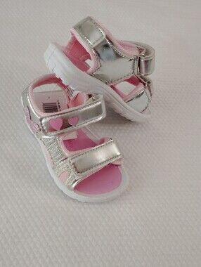 Rugged Bear Baby Girls Silver Pink Hearts Glitter Sport Sandals Shoes Size 5
